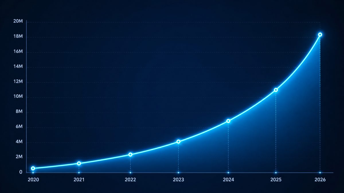 madou用户增长数据图表,展示2020-2026年注册用户从50万增长至1800万的趋势